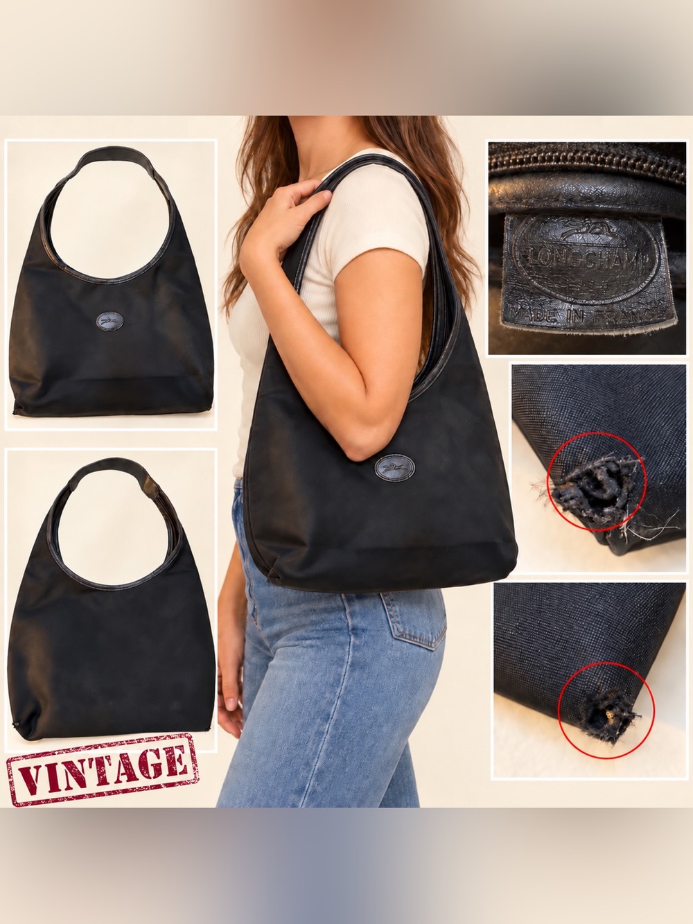 Vintage Longchamp Black Nylon Hobo Shoulder Bag Made in France